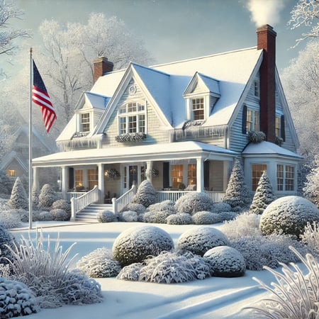 A white, Cape-style home in the winter with an American Flag in the front yard.