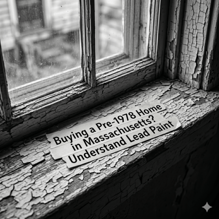 AI-generated image of a window sill with lead paint with the words, "Buying a Pre-1978 Home in Massachusetts? Understand Lead Paint."