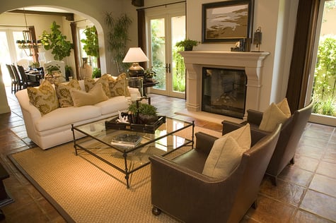Living room with upscale modern decor and fireplace.