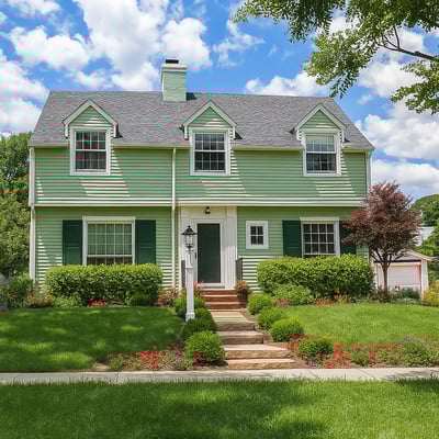 Light green colonial-style home with bushes and flowers in the front [AI-altered image]