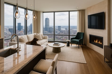 Luxury condominium high rise in Boston with a dog on the couch