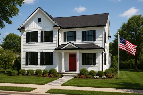 Modern farmhouse with American flag to the right and red door. Flowers in front.