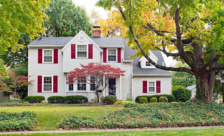 Massachusetts White Colonial House Red Shutters Fall Autumn