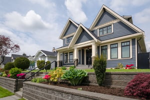 blue house with nice landscaping in the summer