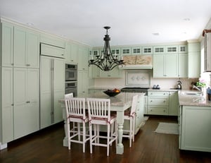 Country kitchen with Pistachio-colored cabinets. 